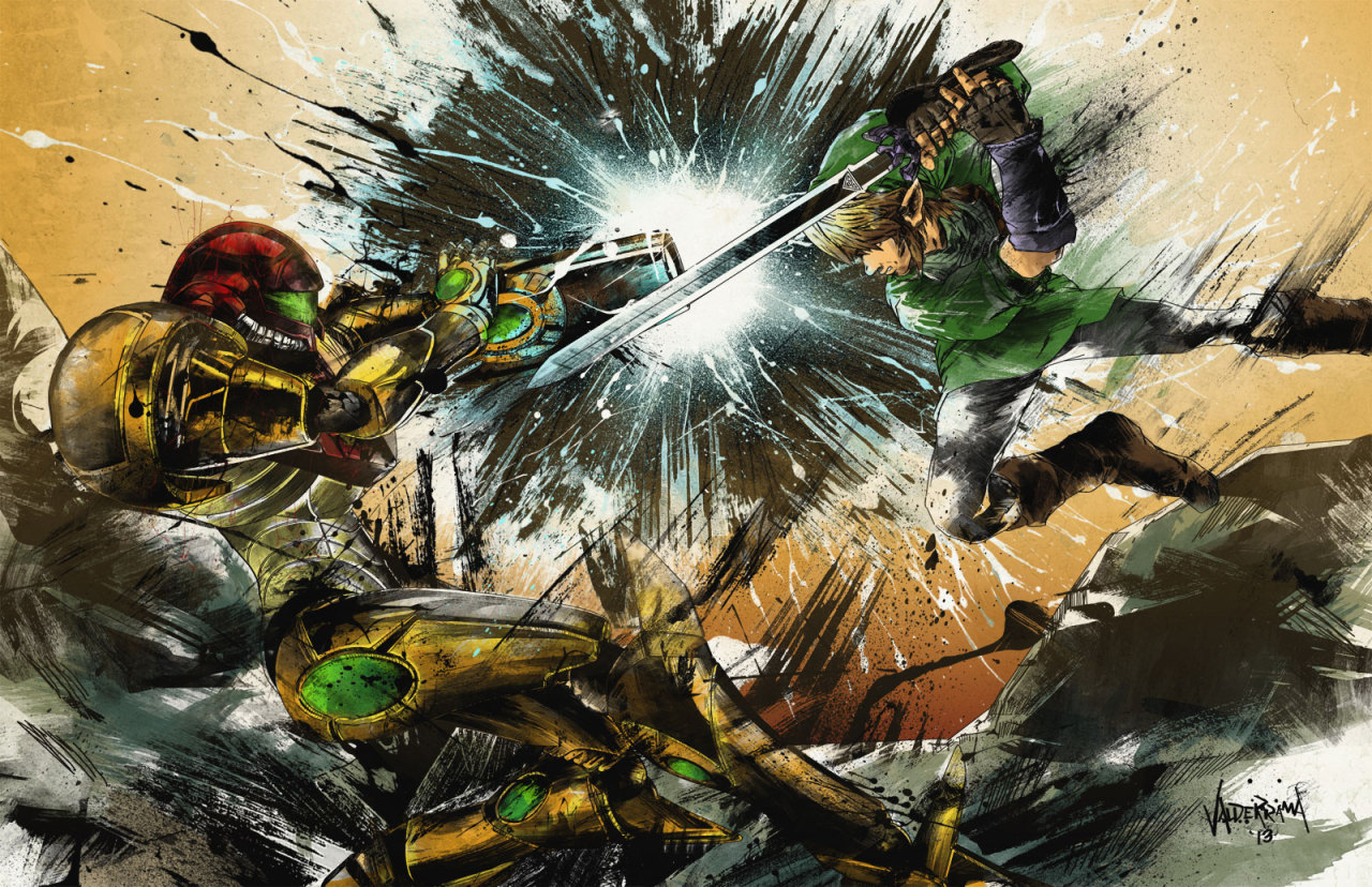 freshdoodle:  “The Battlefield”  Commissioned work: Samus Aran, Metroid vs Link,