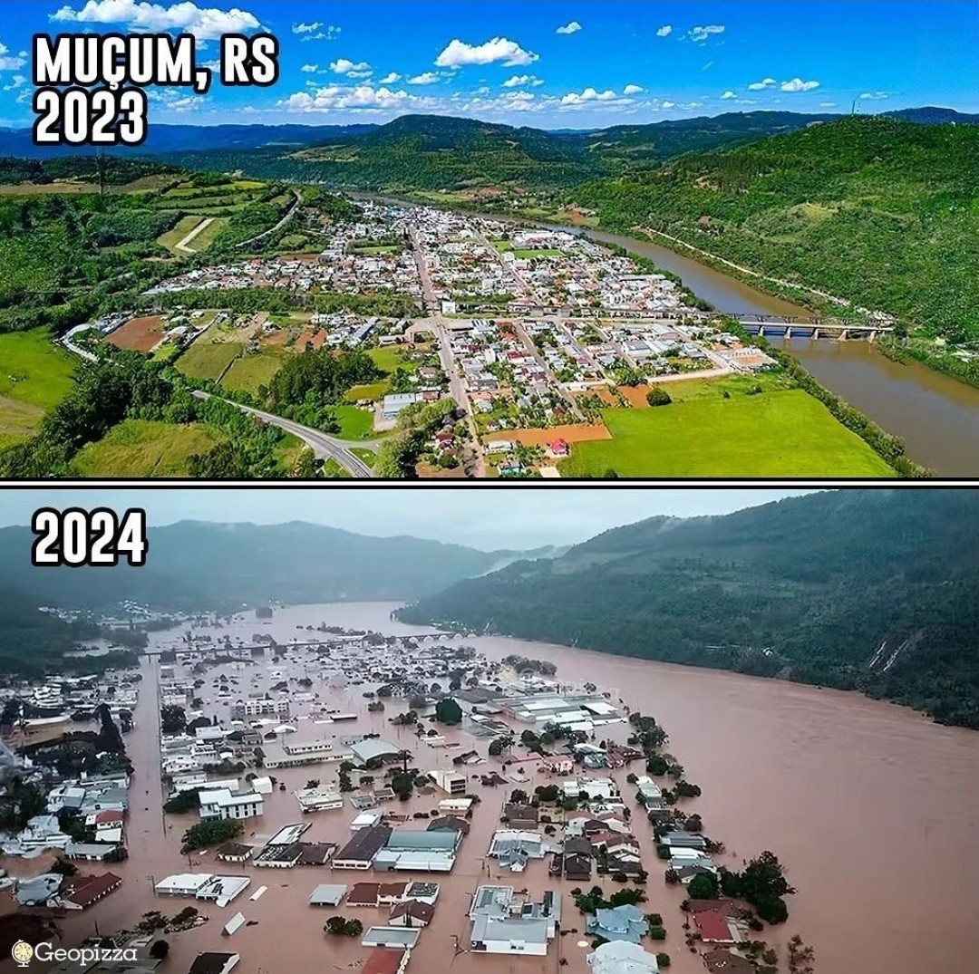 Before and after pictures of the city of Muçum, Rio Grande do Sul, in southern Brazil. The before picture shows an aerial view of the city, located in a valley, and the nearby river. The after picture shows the river severely overflown and entire city partially submerged in muddy water.