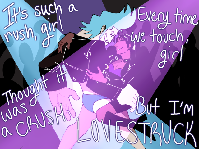 a digital drawing of franky and robin from one piece. they are dancing in a club to "lovestruck" by breathe electric. robin is wearing a leather jacket with a low-cut purple shirt, leather mini-skirt, and leather knee-high boots. one hand is grabbing franky's arm while the other is draped over his shoulder, and her leg is bent over his. franky is leaning back, with one hand resting on her hip. he is wearing a cropped leather jacket and blue speedo. robin is looking up a franky and franky is leaning down to met her. purple and blue spotlights are shining on them, with a faceless crowd in the background. the lyrics, "it's such a rush, girl, every time we touch, girl, thought it was a crush, but i'm lovestruck," are writing in glowing font over the scene. 