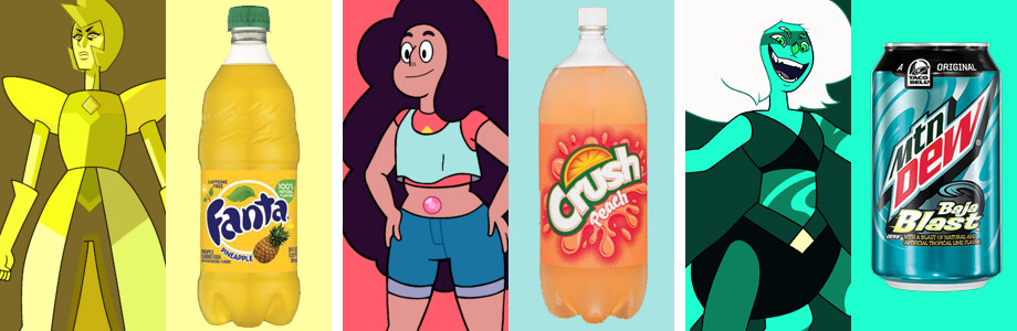 kokoronis:  gems &amp; fusions as sodas   I always loved mtn dew! &lt;3 &lt;3