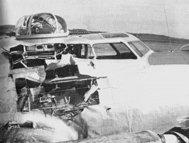 A ground-launched rocket missile caused this damage to 388BG’s “Panhandle” during an attack on a V-w