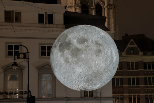 `Museum off the Moon` by Luke Jerram. Artwork on Korenlei quay in the historic center of Ghent at ni