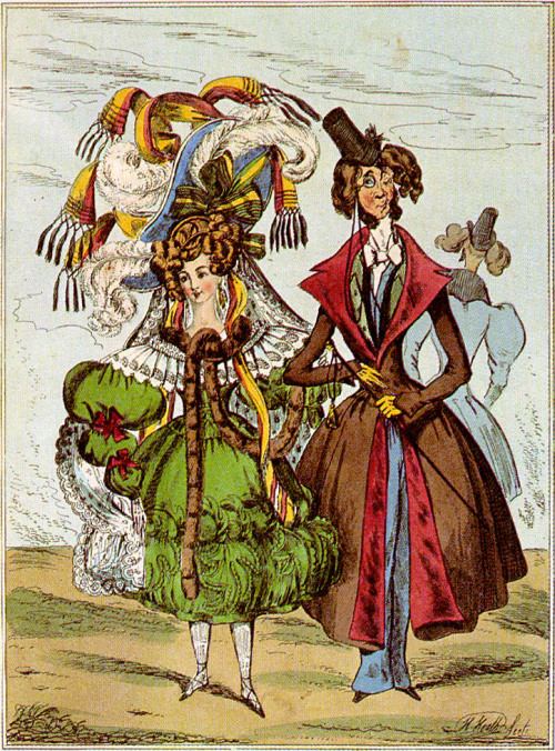 dykevanian:jenkynspendragon:Assorted 19th century fashion cartoons, ranging from the 1830s-1890s.lor