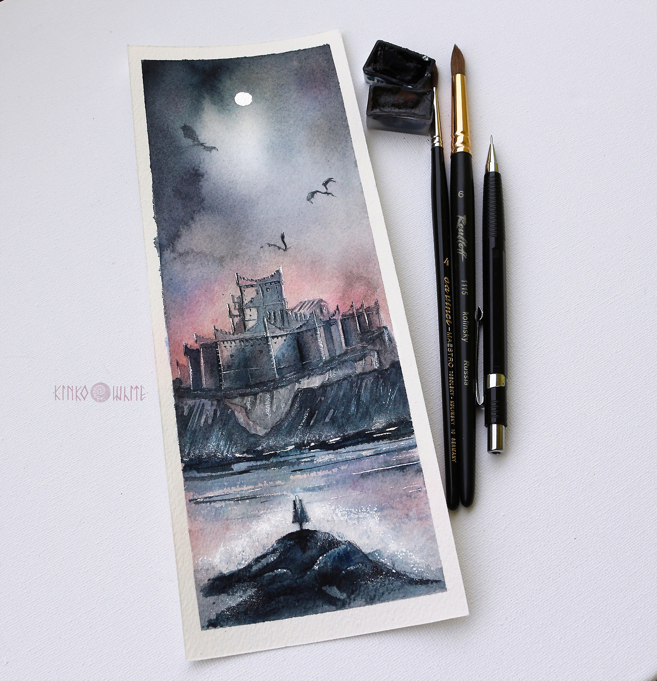 kinko-white:  The Dragonstone Watercolor, ink, silver leaf, gouache  Oh how beautiful