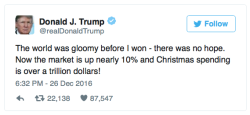 micdotcom:  Trump bragged on Twitter that he saved Christmas, because of course he didTrump isn’t even in office yet, but he’s taking credit for all sorts of things — even the gifts you bought for family and friends.Trump’s tweet isn’t even