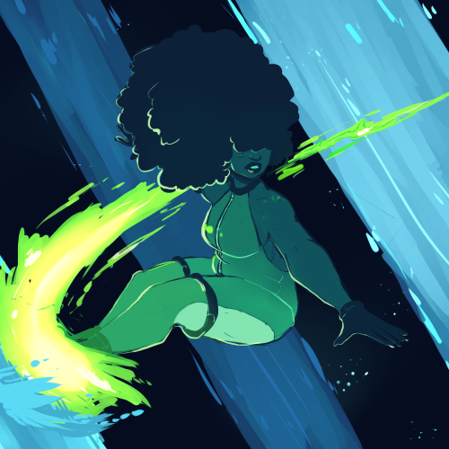  My lovely Gemsona: Plumbogummite.She rides the warp streams and uses her green glowy surf board to 