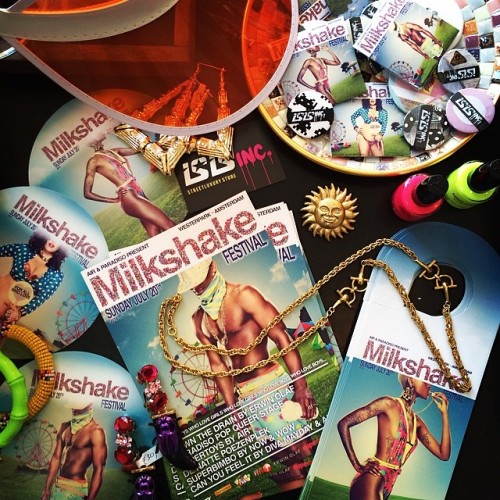 #thisjustin at @isisinc: #flyers #posters #doorhangers #stickers and #condoms for @milkshakefestival