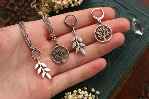 90377:These lovely and affordable sword, moon, leaf, tree and mushroom necklaces and earrings are 