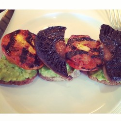 Robynlawleyeats:  Smashed Avocado On Rye Bread With Grilled Tomato And Field Mushrooms