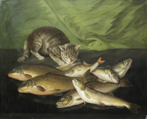 maisouestlechat:(Follower of) Martin Ferdinand Quadal     A crouching cat with bream,