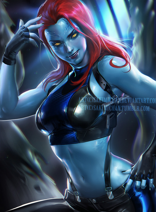 sakimichan:  Mystic is one of my fav x-men characters I just love her blue skin, so I though I’d try my hands at it, also came up with an outfit for her : ) PSD,Video process, High res of this piece and others will be made available through ►https://www.p