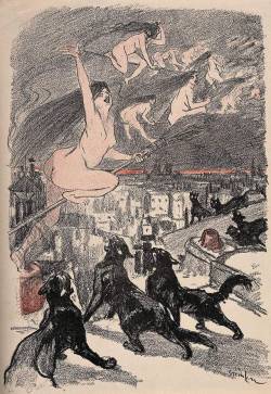 blackpaint20: Big black cats howl as naked witches ascend into the night over the city. Colour photomechanical reproduction of a lithograph by Théophile Alexandre Steinlen (1859 – 1923)