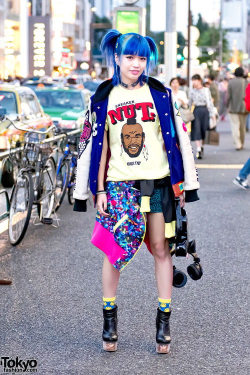 tokyo-fashion:Asachill on the street in Harajuku wearing a Joyrich jacket over a Mr. T x Kiks TYO t-