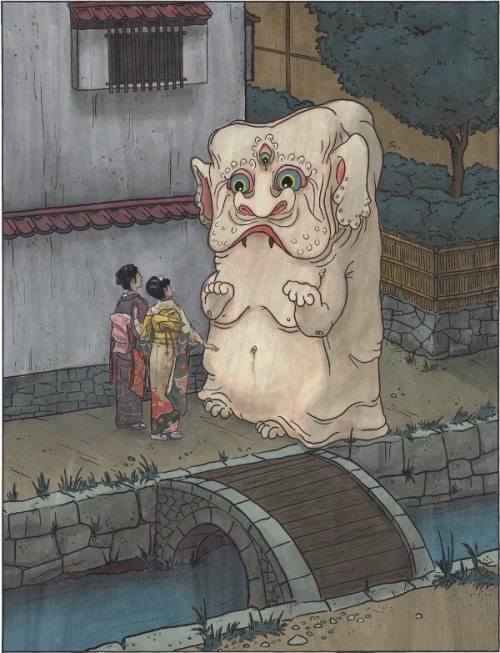 horrorjapan:talesfromweirdland:Nurikabe, a spirit from Japanese folklore. The creature disguises its