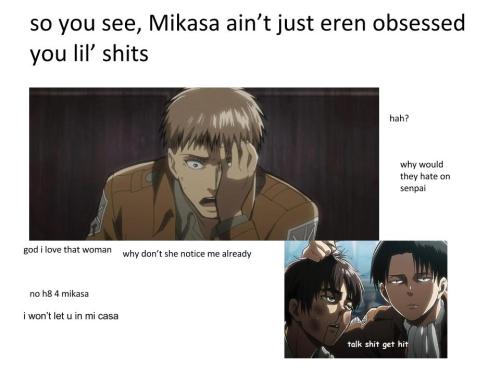 bananataco5ever:  togabooty:  Mikasa is a badass. Stop the hate, and appreciate.  i loVED MIKASA WHEN I FIRST SAW HER OHHH YEAH AND PEOPLE RESPECT THAT BITCH LIKE A REAL ANIME SHOULD 