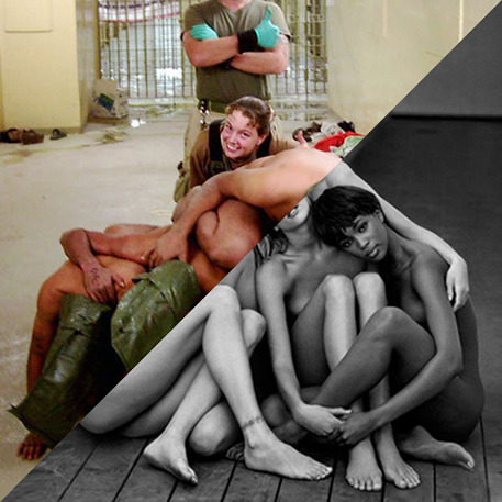 Sabrina Harman poses for a photo behind naked Iraqi detainees, Abu Ghraib prison, Iraq, 2004VSHerb R