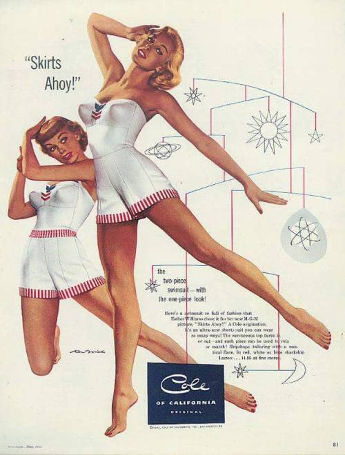 classy-dames:Cole of California swimwear ad featuring a Ren Wicks illustration. 1952 Copy reads: Her