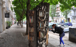 lecometecomete:voliamoviadiqui:a Berlino hanno inventato una delle cose più belle di sempre, la cosidetta “biblioforesta”. quest’albero, come potete vedere, ha al suo interno delle finestre contenenti libri. questi libri sono donati da turisti,