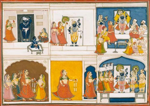 Worship of Srinathaji, miniature painting from rajasthan