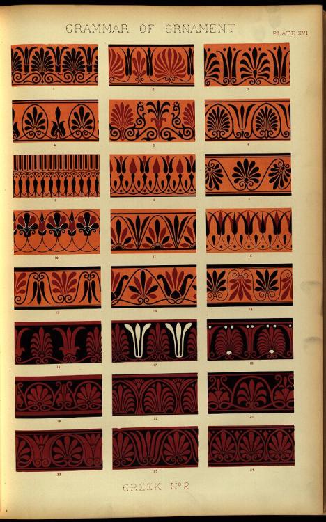 heaveninawildflower:  Greek ornament illustrations from ‘The Grammar of Ornament’ by Owen Jones with one hundred folio plates, drawn on stone by F. Bedford, and printed in colours by Day and Son (1856). With contributions by J.B. Waring, J.O. Westwood,