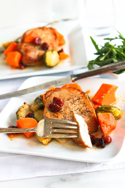 Maple Pork Chops w. Sweet Potatoes, Sprouts & Dried Cherries 2 sweet potatoes 2 cups brussell sp