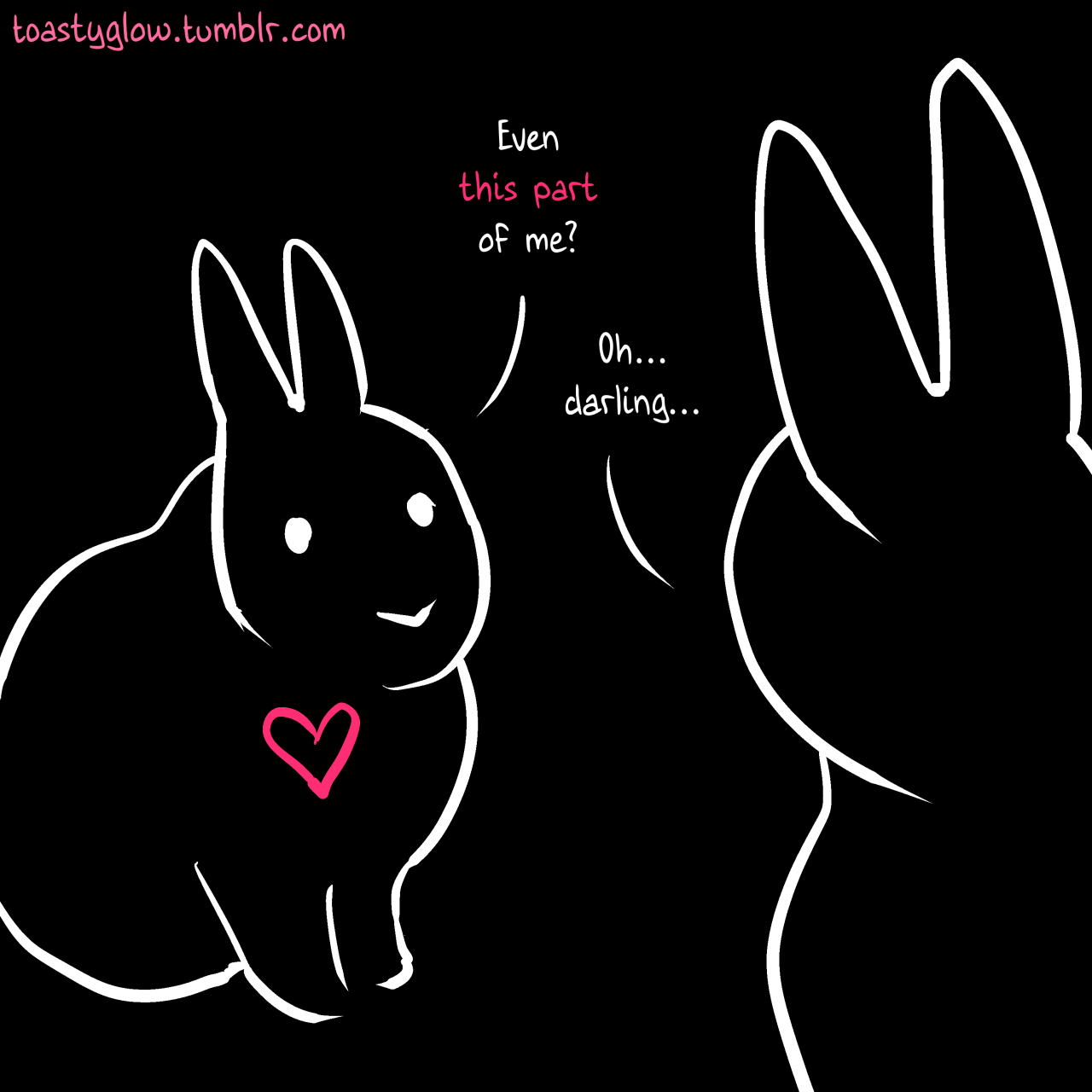 A pink cartoon heart appears in the smaller rabbit's chest.  It replies, "Even this part of me?" and the larger rabbit says, "Oh...darling..."