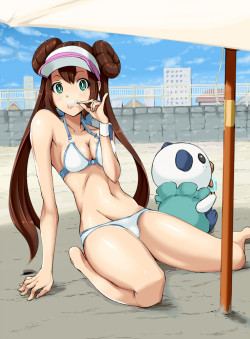 voynich8:  pokemon, pokemon (game), pokemon black 2 &amp; white 2, pokemon character, pokemon species, mei (pokemon), oshawott, marubonman, 1girl, bikini, blue eyes, brown hair, double bun, long hair, popsicle, solo, swimsuit, twintails, umbrella, visor