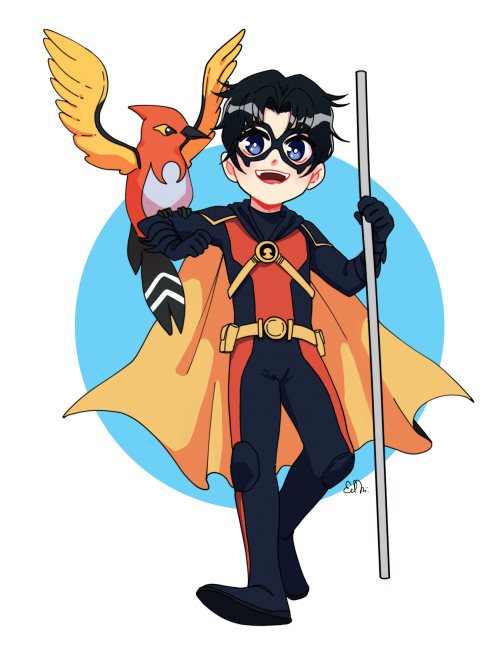 arabian-batboy: Commission by the talented @szotyola-sempu​The Robins and their partner Pokemon in a