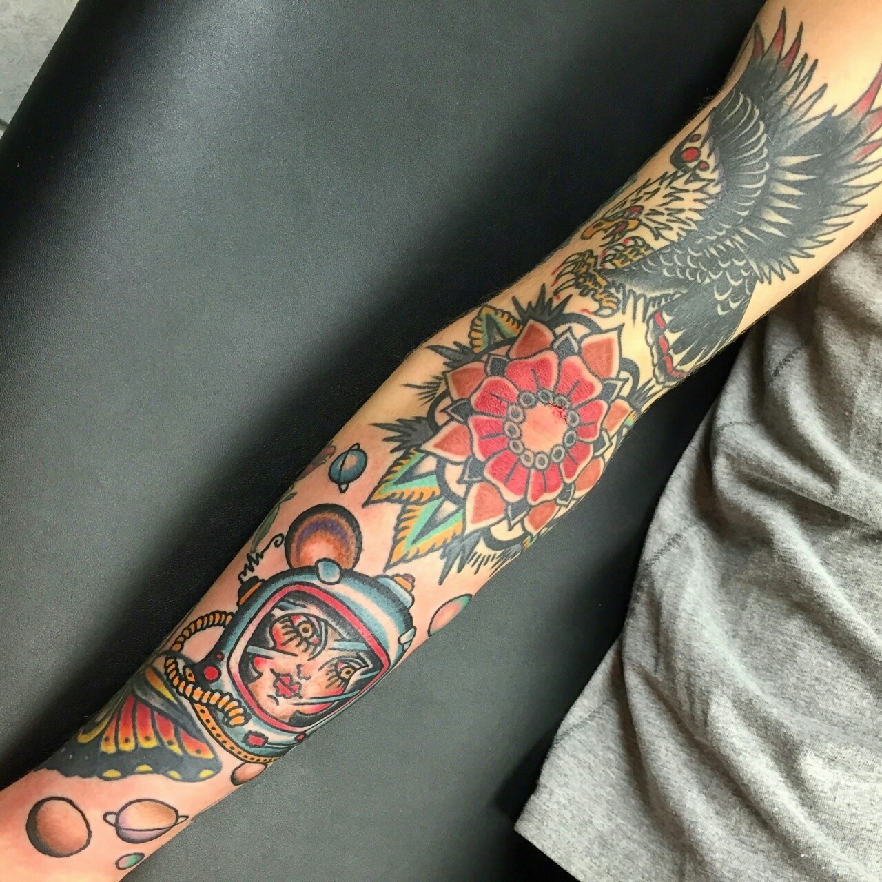 1st TattooAmerican Traditional full sleeve hand and knuckles inked by  Oliver Peck at Elm Street Tattoo Dallas Texas 5 hour session to complete  full outline Next session shading followed by third and