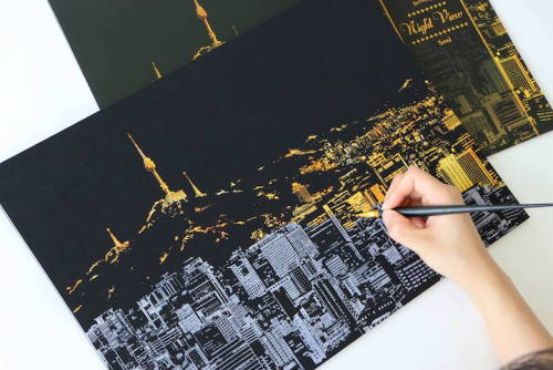 culturenlifestyle:  Cityscape Scratch Art by Lago Design Seoul-based studio Lago Design created a series of scratch-off projects, which comes in the shape of a wooden pencil kit. To create the cityscape image, one must scratch off the gray area of the