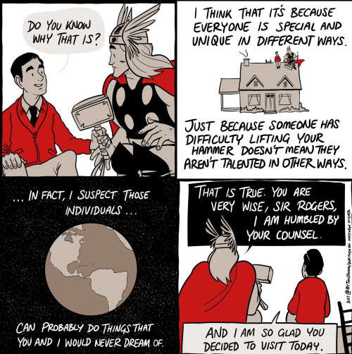 kingoftieland:  Wait… Is Mister Rogers actually worthy of wielding Mjolnir? ️