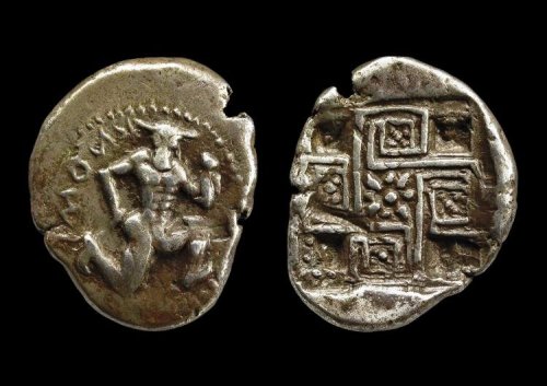 archaicwonder: Silver Stater minted at Knossos, Crete c. 500-431 BC On the coin is the Minotaur runn