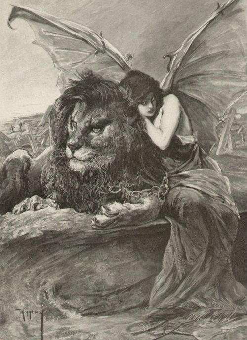 blackpaint20:  Lion & Woman with Devil Bat Wings Chained Together,J. Koppay (1859-1927)  