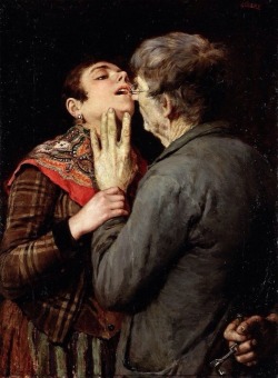 “Tooth Drawer”  This painting is by Italian artist Luiciano Nezzo (b,1856). Three interesting bits. The different skin tones of the patient and the dentist. The manner she is grasping his wrist and the “extraction key” hidden behind his back.