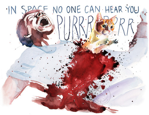 In Space No One Can Hear You PurrCat fan art mashup done in watercolor.  The original sold a few yea