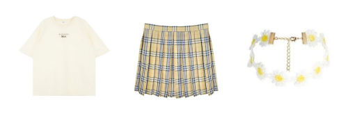 yellow: banana/plaid/daisyblue: goldfish/pleats/ledpink: milk/skirt/kankenblack: girls/cheer/gridig: