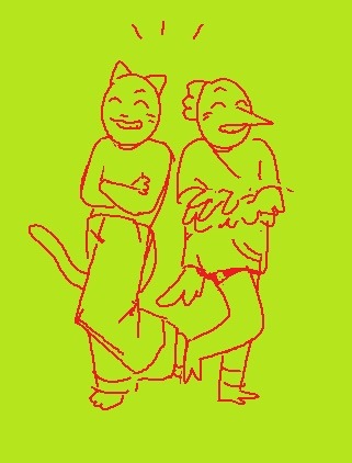 catapult with a small shirt and big pants and cocksley in a big shirt and small shorts posing with their backs to each other