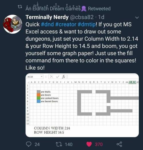 pyschoticbiotic:dr-archeville:[”Quick #dnd #creator #dmtip! If you got MS Excel access &amp; want to