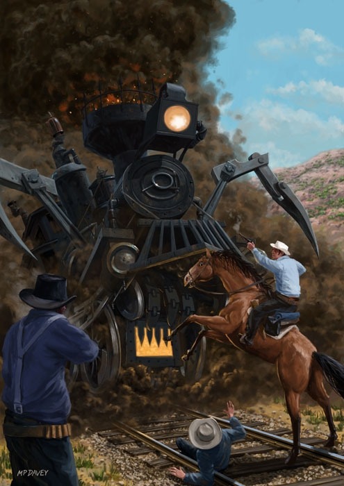 steampunktendencies:
“ Monster train attacking cowboy by Martin Davey
”