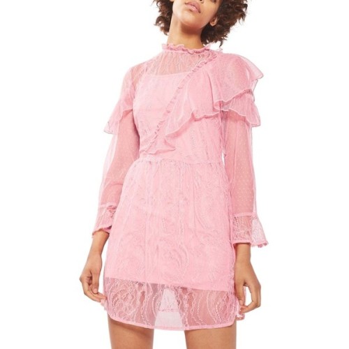 Women’s Topshop Ruffle Lace Minidress ❤ liked on Polyvore (see more pink lace dresses)