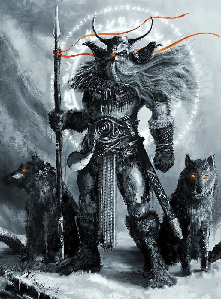 Odin, y sus Cuervos Hugin(pensamiento) y  Munin (memoria), juntos a sus lobos Geri y Freki
