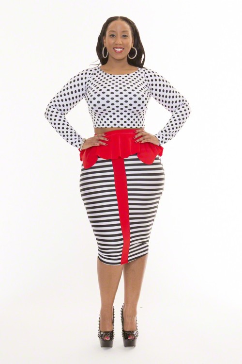 killerkurves:Fabiola:  wearing rue107’s Donnica Stripe Skirt W/ Red Peplum Skirt 