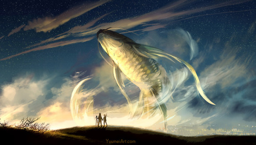 yuumei-art:Inspired by my hike the other day, except I really wanted there to be a giant fish swimmi