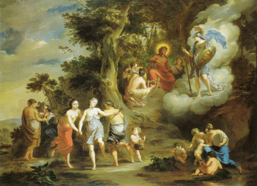 dutch-and-flemish-painters:Arnold Houbraken  - Pallas Athene Visiting Apollo on the Parnassus - 1703