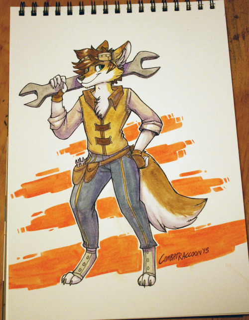 perceptionofadove: combatraccoon:   Some gift art I did a while ago for a friend and a big supporter of my art :) Character belongs to mojavecoyote AKA schmozy Watercolor and india ink 2015   LOVE his outfit!  Interesting to see your style in traditional