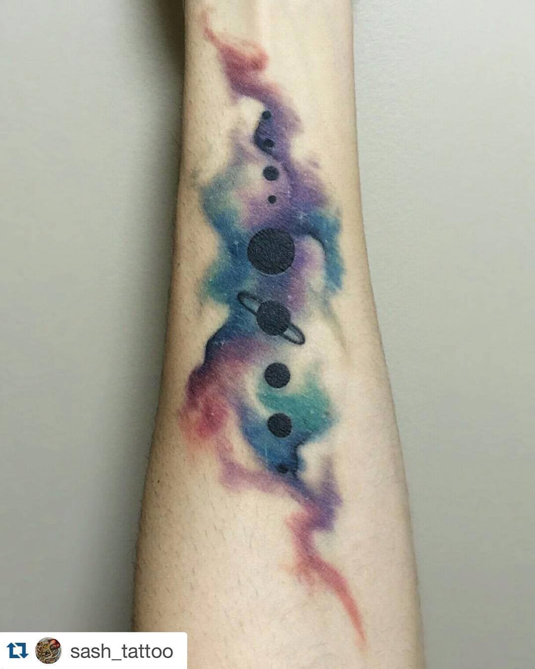 1032 Tattoo Studio  Watercolor galaxy cover up by artist eric Redd   text 5128978818 for appts by him  Facebook