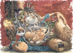 dirtyflowerchild:  oliviatheelf:  Venus Envy by Heidi Taillefer”This painting by Canadian artist, Heidi Taillefer, offers the viewer a sumptuous depiction of the pregnant body’s internal world.  Rich images of fruit and flowers fill the woman’s