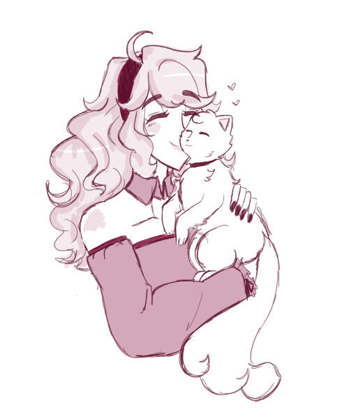 One of my cute OCs with her kitty! Both the sketch and the final version bc I liked both