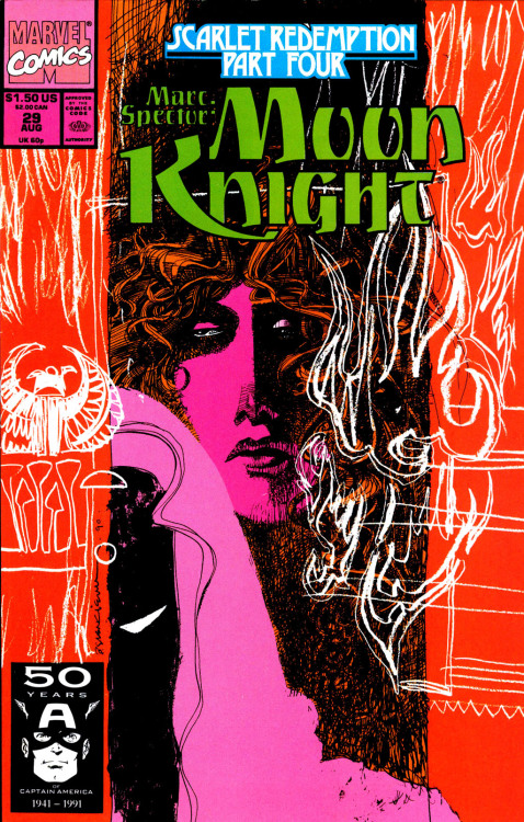 comicartistevolution:  Bill Sienkiewicz 1991: covers to Marc Spector: Moon Knight #26 - 31 It’s always great to see Sienkiewicz return to Moon Knight, and providing the covers the all six issues of the “Scarlet Redemption” arc was a bonus!
