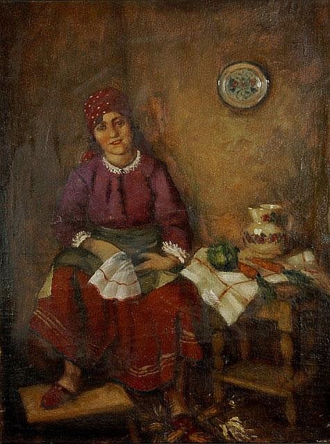 CZENE JÁNOS, APÁTFALVI (1904-1984)Interior Scene with Woman Preparing a Meal